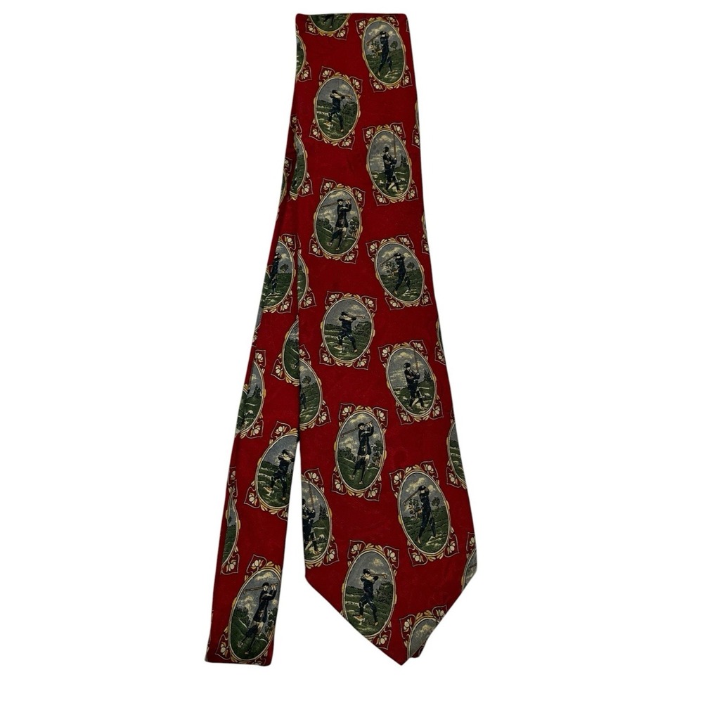 Lands End Tie Red Vintage Golf Print  Silk Made In USA Old Money Country Club